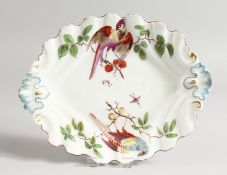 A CHELSEA SILVER SHAPED OVAL DISH painted with birds, red anchor mark.