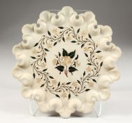 A GOOD INLAID AGRA SHAPED MARBLE TABLE TOP. 14ins.