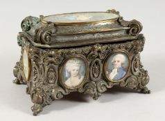 A GOOD FRENCH GILDED METAL JEWELLERY CASKET, with velvet interior, the sides inset with floral