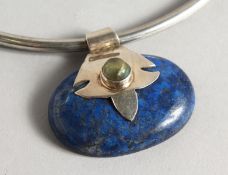 A GOOD SILVER NECK COLLAR with lapis pendant.