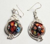 A PAIR OF SILVER AND MILLEFIORI STYLE EARRINGS.