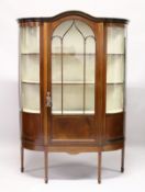 AN EDWARDIAN MAHOGANY AND INLAID STANDING DISPLAY CABINET, with three-quarter length glazed