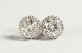 A PAIR OF DIAMOND EAR STUDS, the central stone surrounded by further small diamonds.