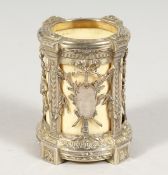 A SMALL FRENCH SILVER AND IVORY VASE with pierced decoration. 2.25ins high.