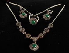 A GOOD SILVER THREE PIECE CHALCEDONY SET. Necklace, earrings and ring.