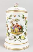 A GOOD AUGUSTUS REX DRESDEN TANKARD AND COVER, with rose knop painted and encrusted with flowers