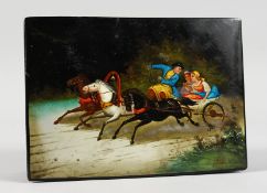 A RUSSIAN LACQUER BOX, with hinged top painted with three horses pulling a cart. 5.75ins long.