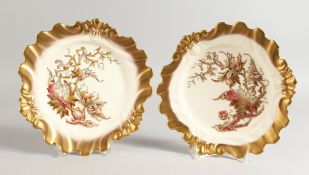 A ROYAL WORCESTER PAIR OF PLATES of silver shape, each decorated with enamels and raised gilding