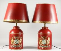 A PAIR OF LARGE TOLEWARE STYLE LAMPS AND SHADES. Lamps 18ins high.