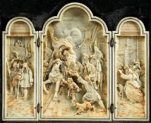 A HISTORICAL SCENE IN IVORY, AN EARLY 19TH CENTURY FRENCH TRIPTYCH in colour showing Louis XVIth and