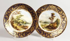 A LATE 19TH CENTURY DERBY PAIR OF WALL PLATES with hanging holes, painted with named scenes.