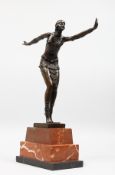 AN ART DECO STYLE BRONZE OF A DANCER on a stepped marble base. 19ins high.