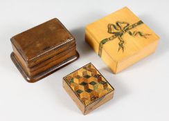 A SMALL TUNBRIDGE WARE BOX and TWO STAMP BOXES.