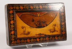 A GOOD SMALL SORRENTO INLAID BOX, with hinged lid, olive wood, inlaid dolphins and flowers. 5ins