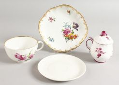 A WALLENDORF CUSTARD CUP AND COVER painted with puce roses, a Berlin teacup floral painted with a