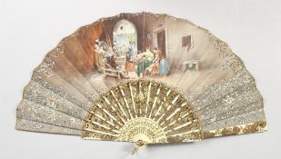 A GOOD IVORY AND PAPER FAN, painted by A. BASTITE, classical scene, in a box.