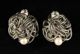 A PAIR OF CHANEL SILVER WIRE AND PEARL EARRINGS, in a Chanel box.
