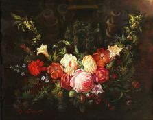 20th century British school, a still life of flowers with carved figures behind, oil on board,