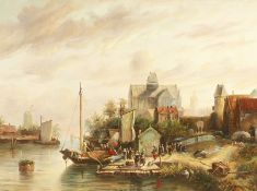 British school (19th/20th century), A boat at a quay with figure boarding and a town beyond, oil