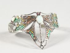 A SILVER OPAL SET PLIQUE ENAMEL DRAGONFLY BANGLE.
