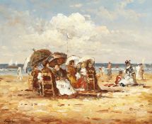 20th century continental school, A beach scene with figures sat under parasols, and the sea