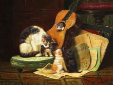 20th century continental school, a scene of cats toying with a guitar, oil on board, signed 'C.