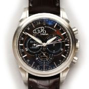 A GOOD OMEGA THREE DIAL WRISTWATCH CHRONOSCOPE 654 DE VILLE with leather strap, in red Omega box.