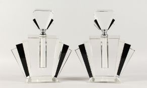 A GOOD LARGE PAIR OF ART DECO SCENT BOTTLES AND STOPPERS. 9.5ins high.