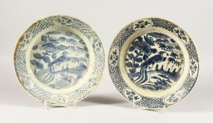 TWO CHINESE WANLI PERIOD BLUE AND WHITE PEACOCK DESIGN PLATES. 11ins diameter.
