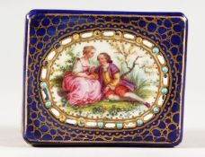 A GOOD SEVRES RICH BLUE PORCELAIN BOX AND COVER. Sevres mark in blue. 3ins.