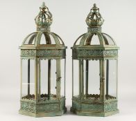 A PAIR OF HEXAGONAL METAL LANTERNS. 24ins high.