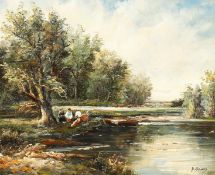 20th century British school, A river landscape with figures reclining in the shade of a tree, with