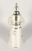 A LARGE PLATED CIRCULAR TAPERING LIGHTHOUSE COCKTAIL SHAKER. 14ins high.