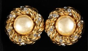 A GOOD PAIR OF CHANEL PEARL, GILT AND BRILLIAN EARRINGS, in a Chanel box.