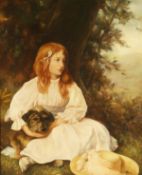 20th century British, A study of a young lady and her dog resting under a tree, oil on canvas,