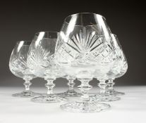 SIX CUT CRYSTAL BALLOON BRANDY GLASSES.