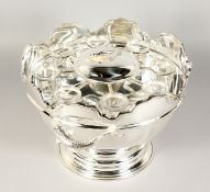 A GOOD SILVER PLATE CIRCULAR CAVIAR SET, fitted with eight shot glasses, piecrust edge and