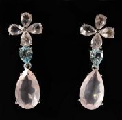 A PAIR OF ROSE QUARTZ AND BLUE TOPAZ DROP EARRINGS.