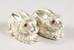 A PAIR OF .925 SILVER PLATE RABBIT SALT AND PEPPER.