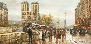 20th century continental school, An impressionist Parisian street scene with street vendors and