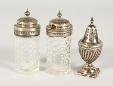 THREE VARIOUS SALTS AND PEPPERS.