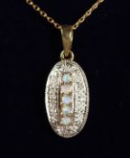 A 9K GOLD FIVE STONE OPAL AND DIAMOND DECO STYLE PENDANT AND CHAIN.