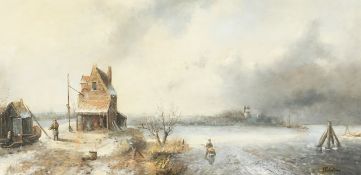 British school (20th century), A winter river landscape with figures by a boathouse and buildings