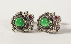 A PAIR OF SILVER, JADE AND RUBY DRAGON CUFFLINKS.