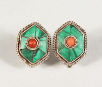 A PAIR OF SILVER AND MALACHITE EAR CLIPS.