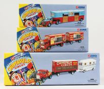A CORGI CLASSICS CHIPPERFILED CIRCUS SET, comprising SCAMMELL TRAILER AND CARAVAN, AEC CAGE TRUCK