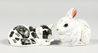 ROYAL CROWN DERBY PAPERWEIGHTS, BUNNY AND MISTY, exclusive to the Collector's Club, gold stopper and