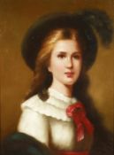 Late 20th century British school, A half-length portrait of a lady in a hat, oil on canvas,