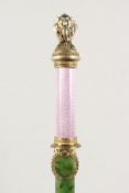 A SUPERB RUSSIAN JADE, GUILLOCHE ENAMEL AND SILVER GILT PAGE TURNER with elephant handle. 10ins