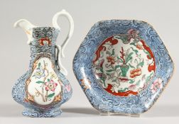 A MINIATURE IRONSTONE OCTAGONAL JUG AND BASIN.